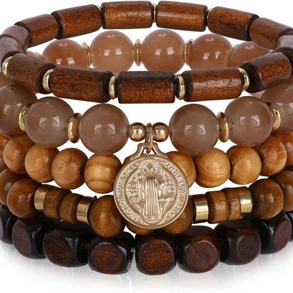 Bohemian Beaded Bracelets Set Wooden Gemstone Stretch Jewelry for Women Men - Picture 1 of 6